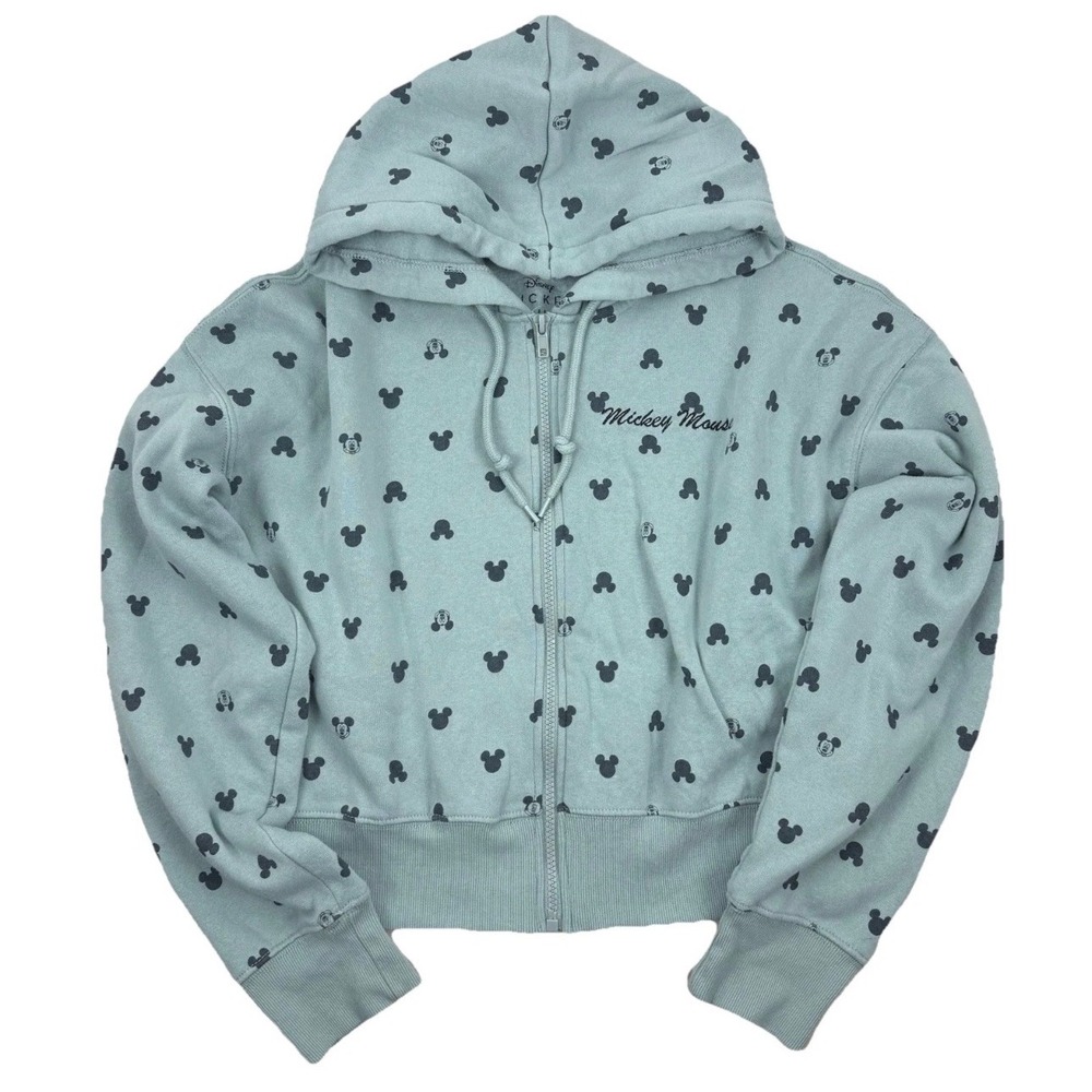 Disney Mickey Mouse Zip Up Hoodie Womens Large Sage Green All Over Print Cropped